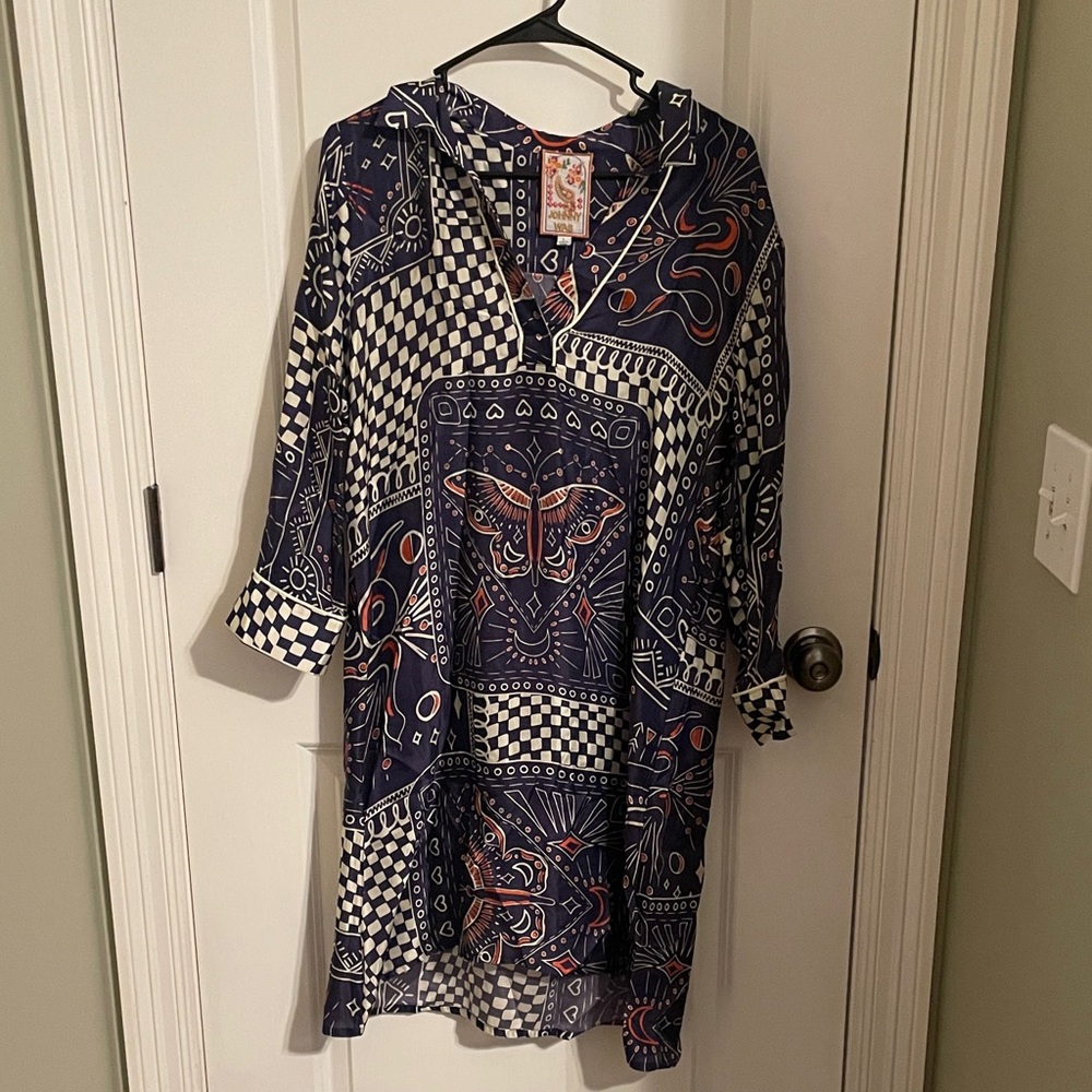 Johnny Was Navy Blue, White & Rust Patterned Long Sleeve Dress